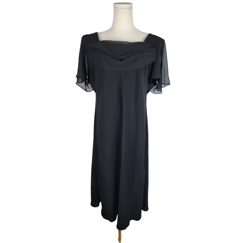 S.L. Fashions Women's 14 Black Cowl Neck Flutter Sleeve Straight Cut Knee Dress